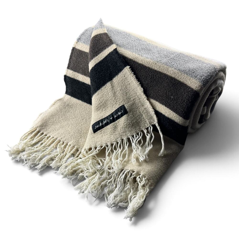 Sackcloth & Ashes Throw Blanket 59x70 Wool Blend Made Italy Striped Fringe